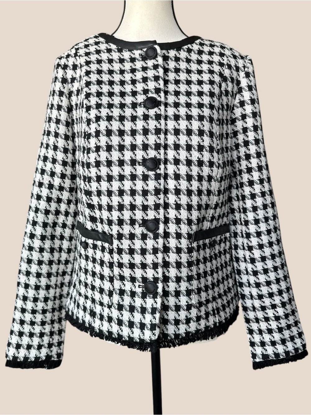 G by Giuliana Black Label Houndstooth Tweed Jacket Size S NWT Fringe Hem
